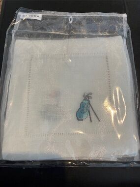 Set of 4 SFERRA new White Linen Cocktail Napkins with Golf themed Embroidery